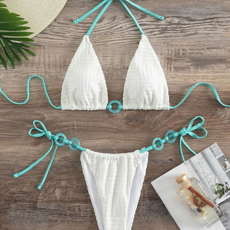 Solid Color Lace-up Triangle Split Bikini Swimsuit