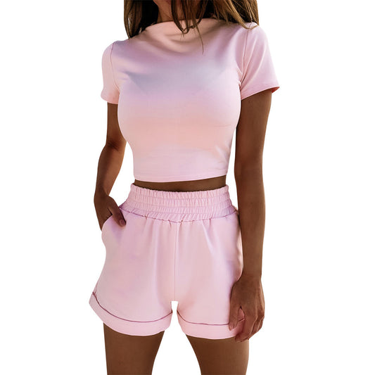 Two-Piece Short Sleeve High Waist Cropped Shorts