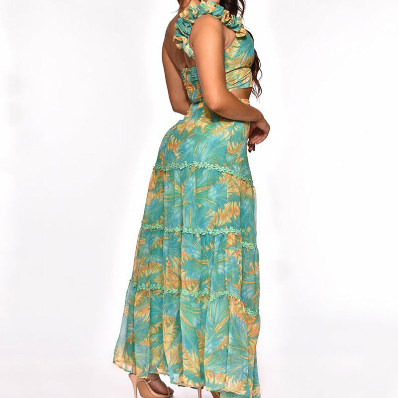 Lotus Leaf Cutout Top Print Slit Maxi Dress Two Piece Set