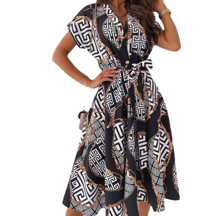 V-neck Belted Digital Print Dress