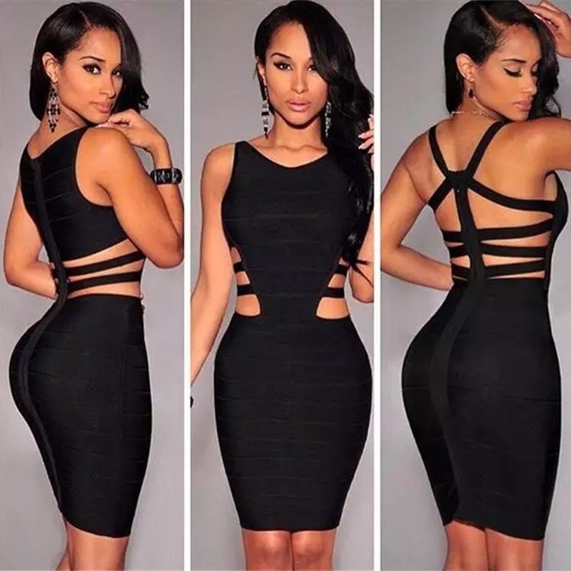 Bandage Solid Color Black Sleeveless Dress