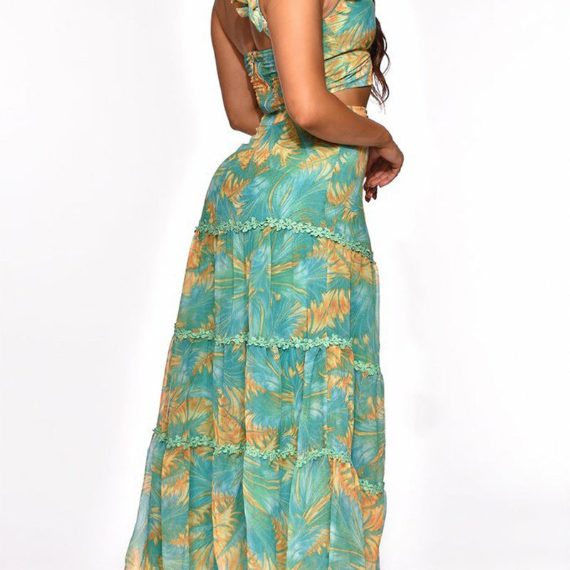 Lotus Leaf Cutout Top Print Slit Maxi Dress Two Piece Set