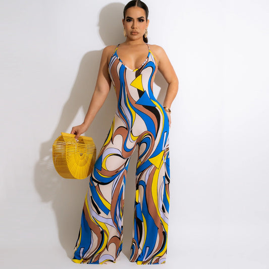 Summer Sleeveless Backless Multi Color Wide Leg Jumpsuit