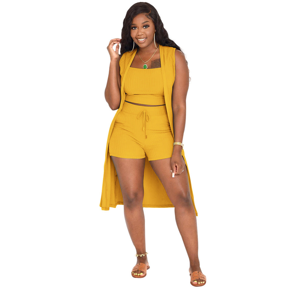 Pit Solid Color Three Piece Short Set