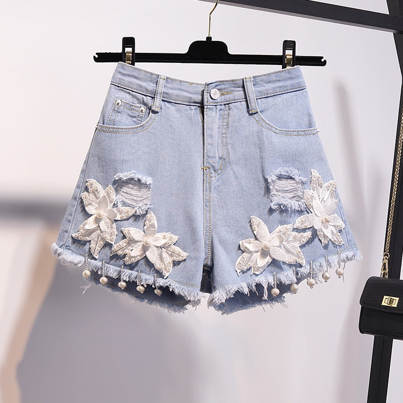 Embroidery Beads Denim Shorts For Women