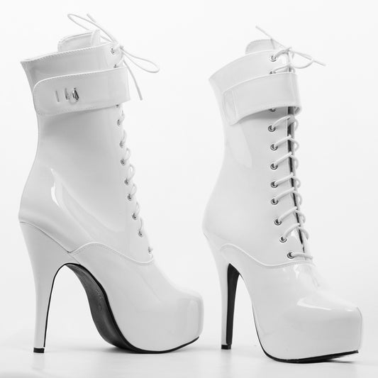 High Heel Platform Lace-Up Patent Leather Short Boots