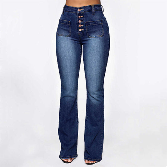 Women Patch Pocket High Waist Denim Jeans