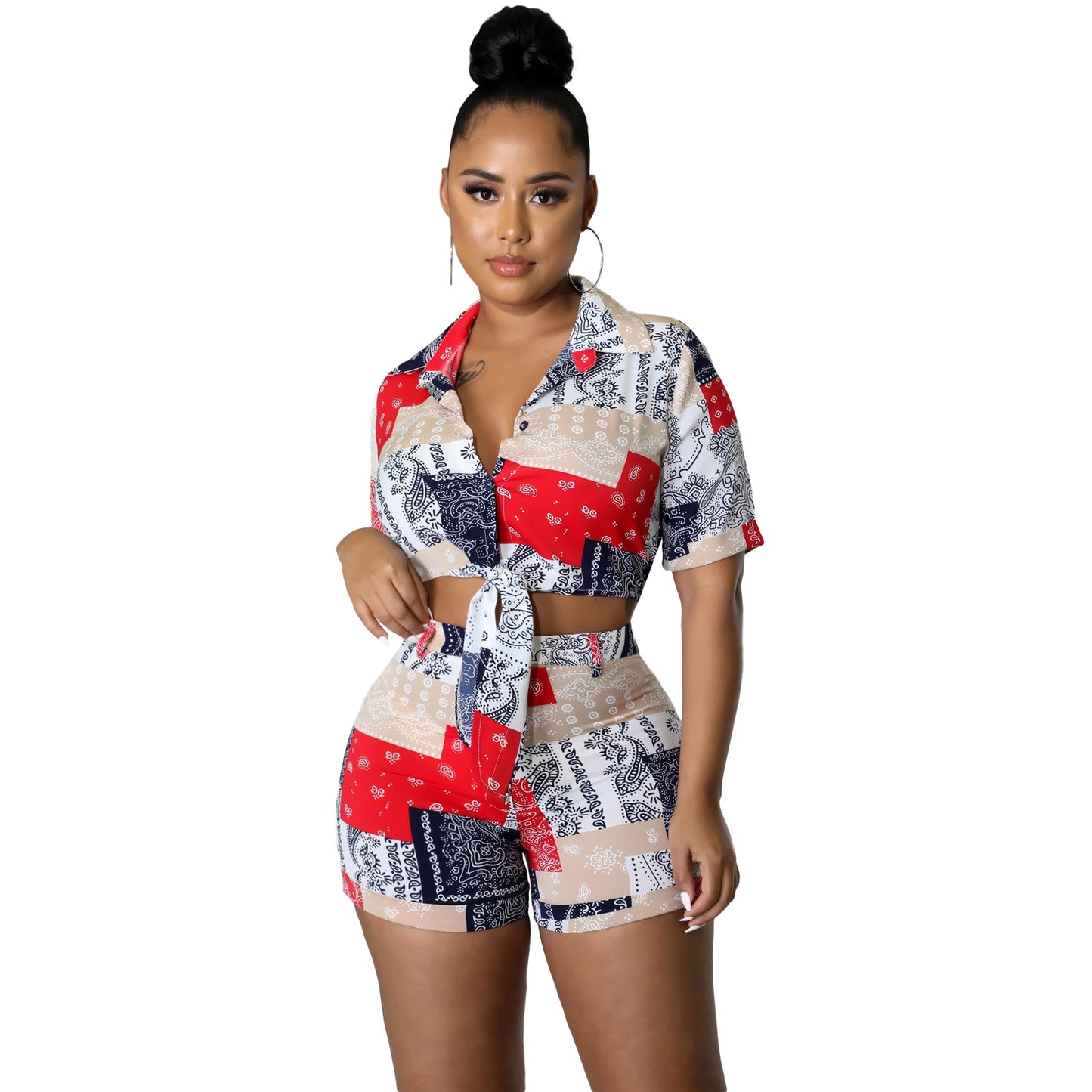 Casual Multi Color Patch Printing Lace-up Two-Piece Set