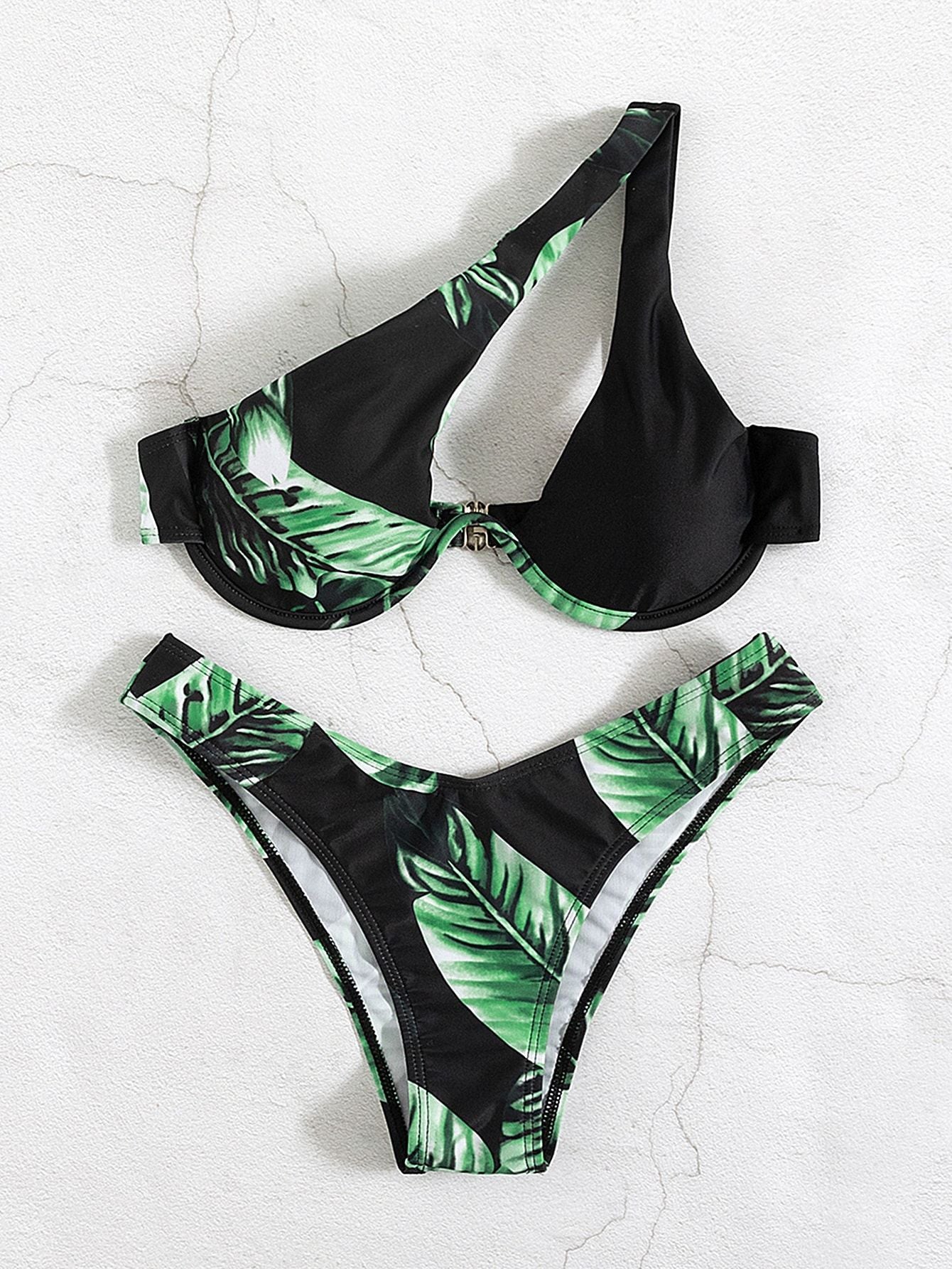 Leaf Print Bikini One Shoulder Underwire Split Swimsuit