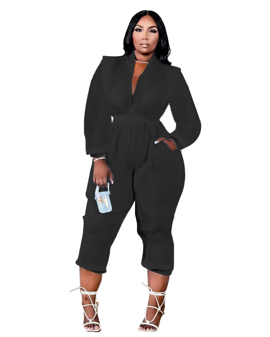 Pleated Versatile V-Neck Long Sleeve Jumpsuit