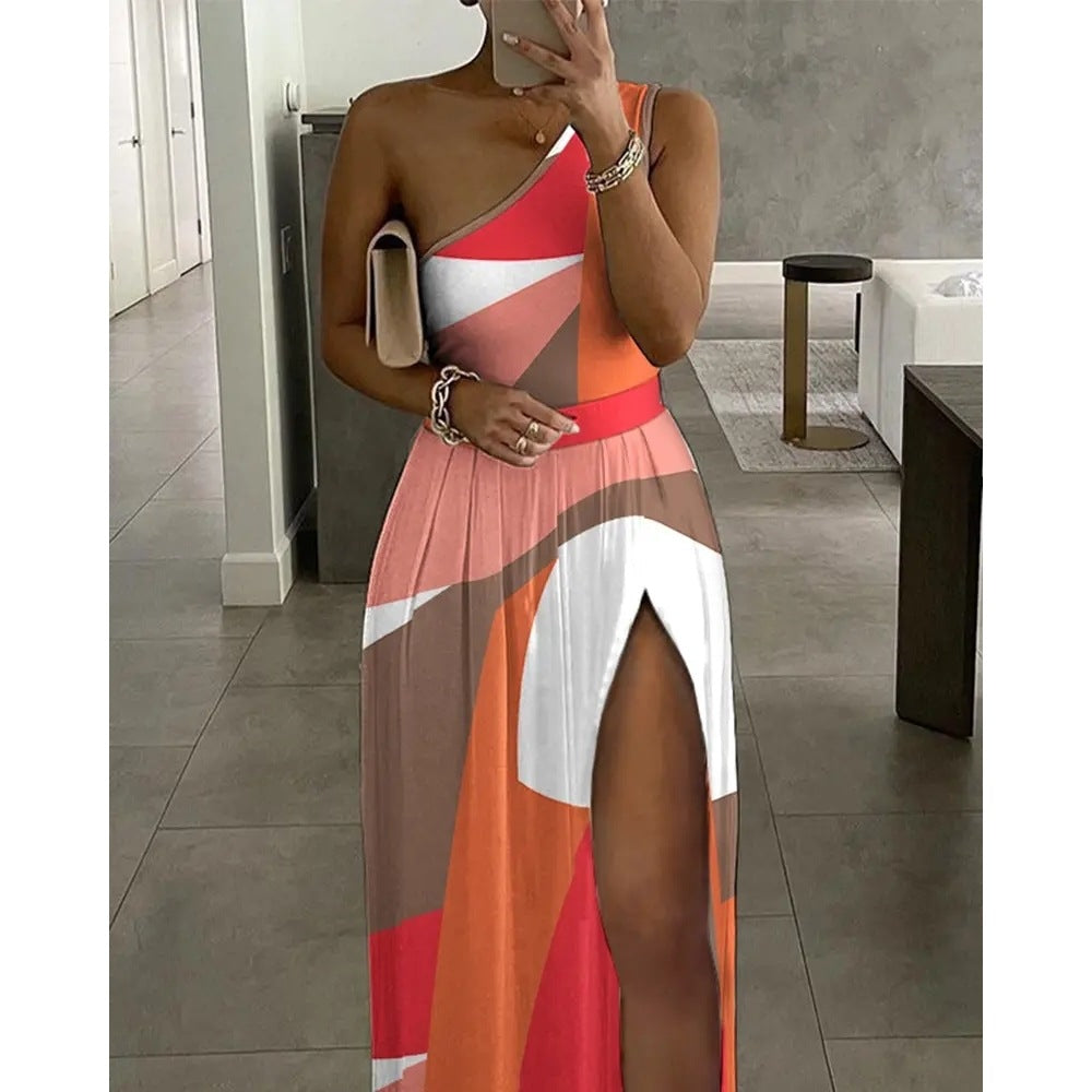 Colorblock OneShoulder High Slit Maxi Dress