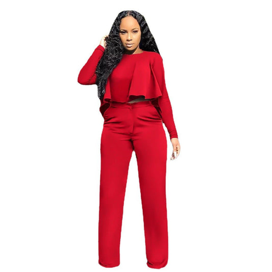 Solid Color Cutout Long Sleeve High Waist Wide Leg Two Piece Suit