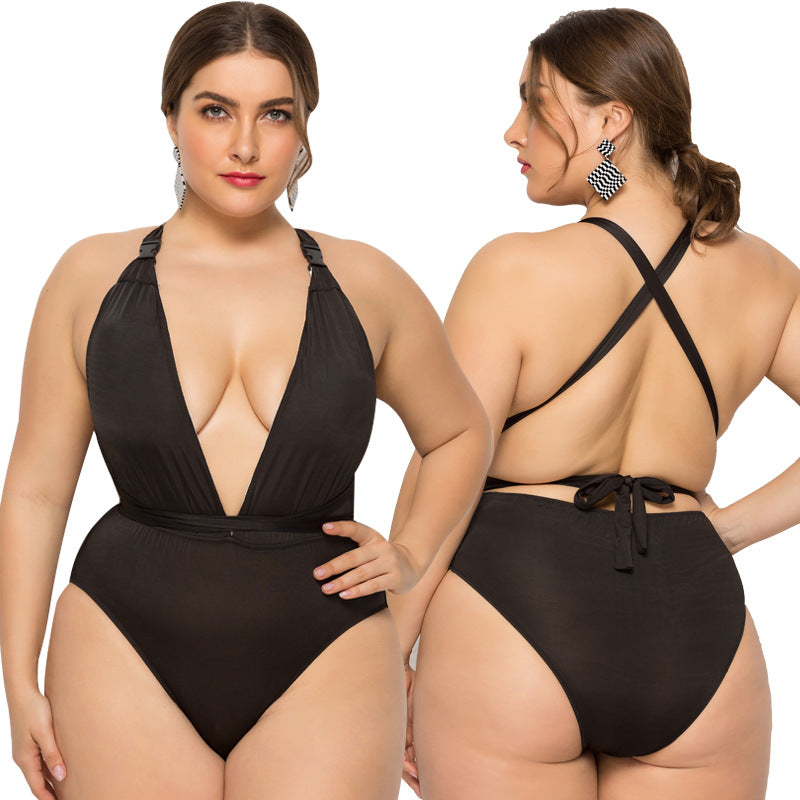 Deep V Neck Solid Color One-Piece Swimsuit