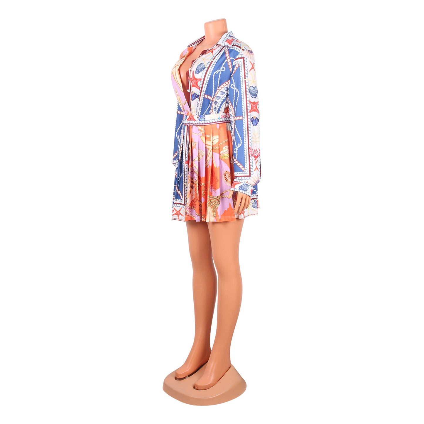 Multi Color Printed Pleated Long Sleeve Short Dress