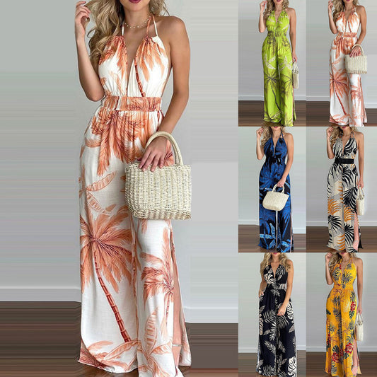 Printed Suspender Dress Loose Jumpsuit