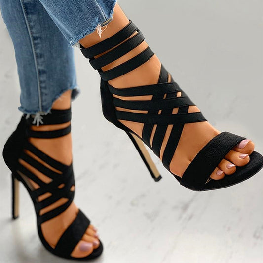 Elastic Band Black Strap High-heel Sandals