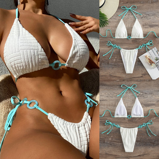 Solid Color Lace-up Triangle Split Bikini Swimsuit