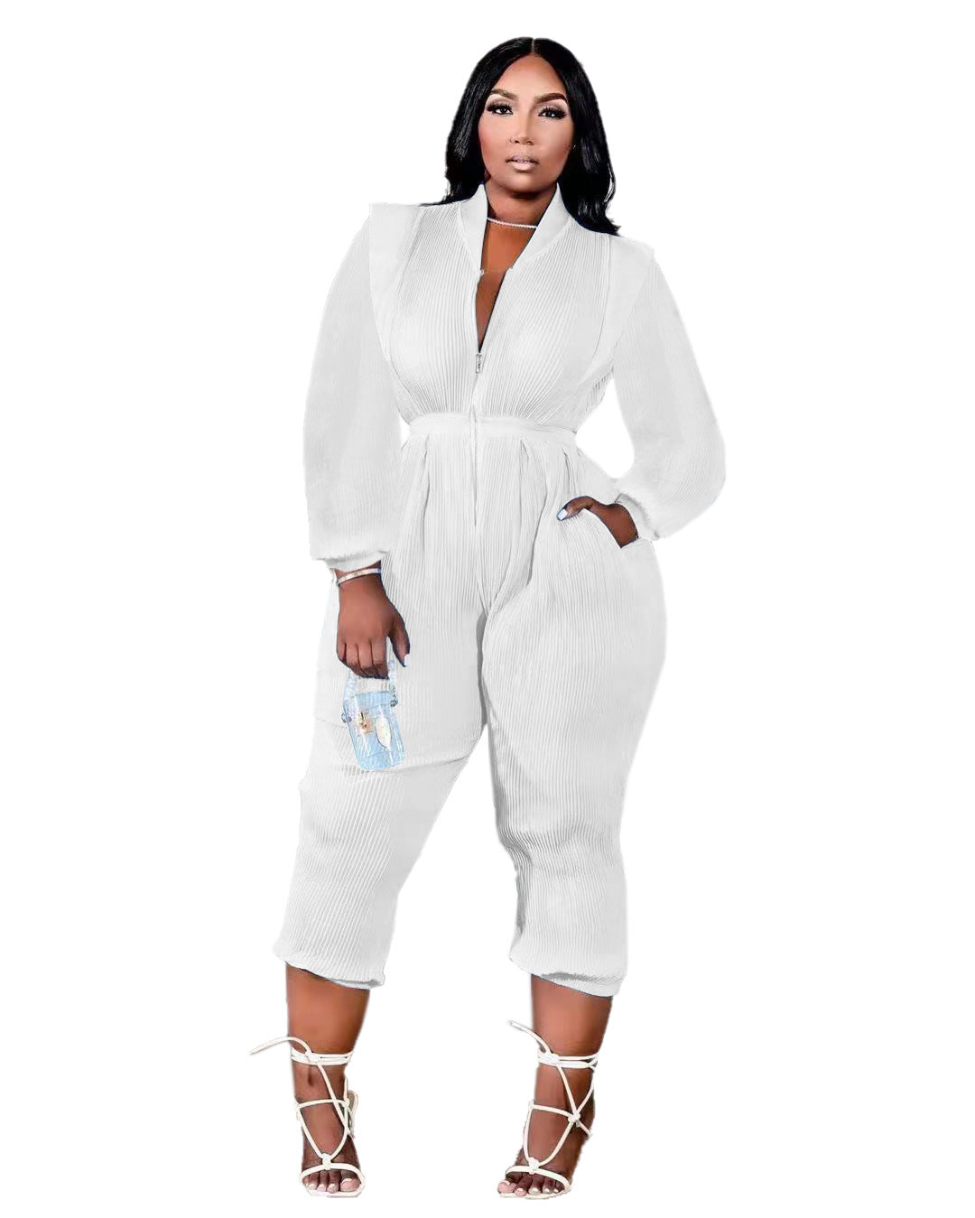 Pleated Versatile V-Neck Long Sleeve Jumpsuit