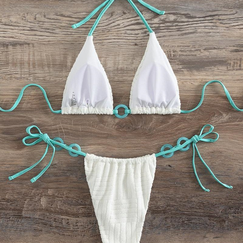Solid Color Lace-up Triangle Split Bikini Swimsuit