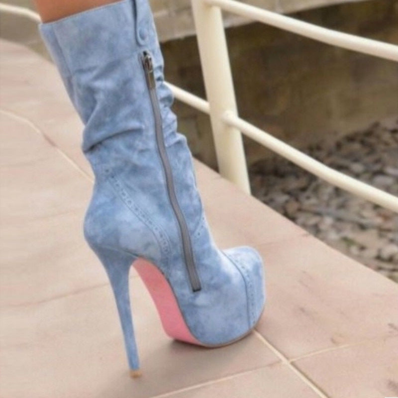 Light Blue Short Boots With Side Zip