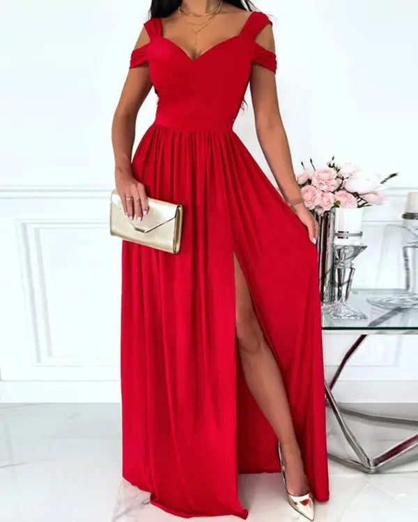 V-Neck Boho Spaghetti Strap Split Long Flowy Dress