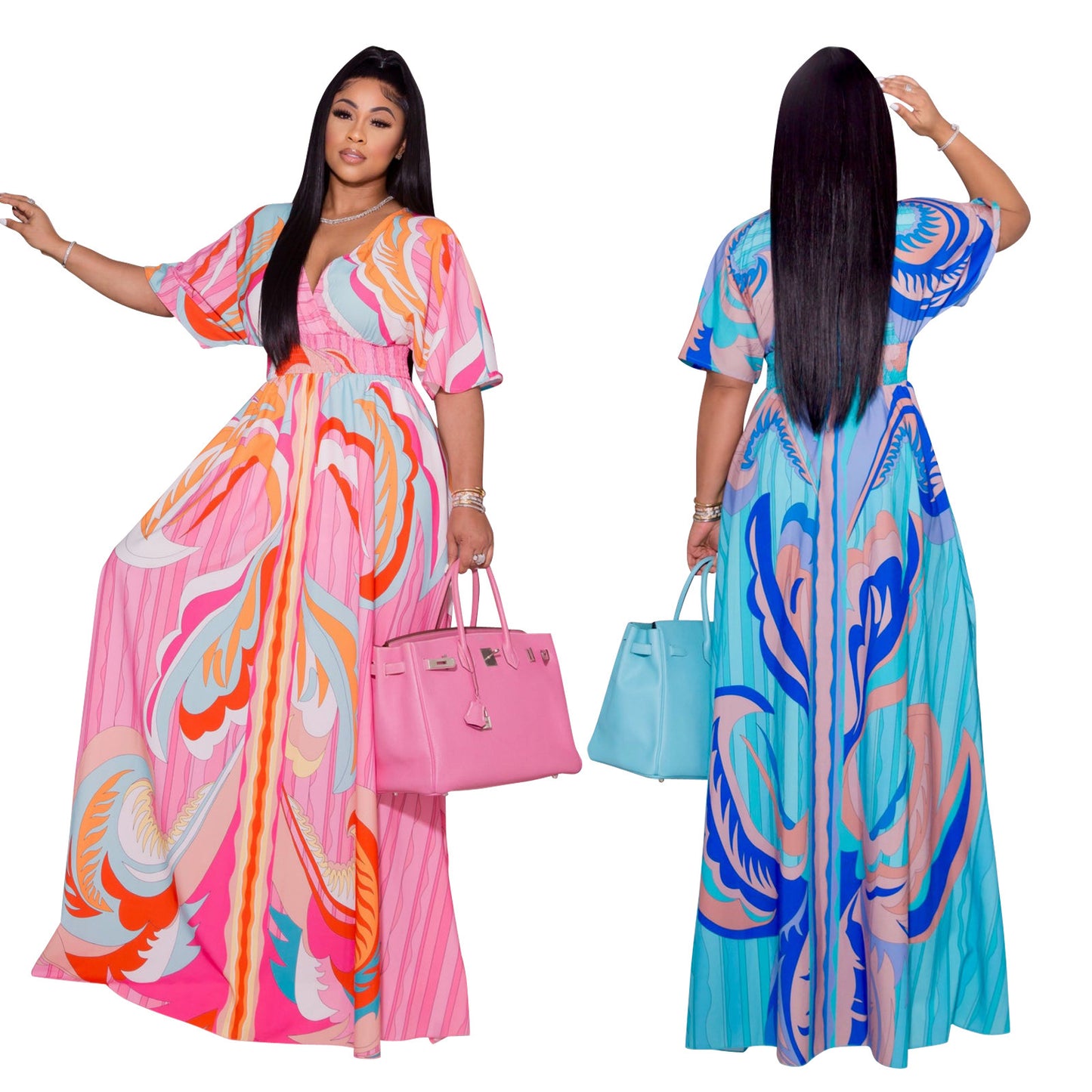 Printed Butterfly Sleeve Swing Side Slit Dress