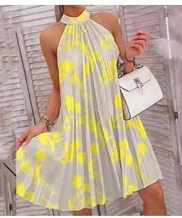Fashion Printed Neck Sleeveless Backless Short Mini Dress