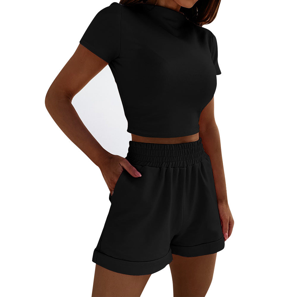 Two-Piece Short Sleeve High Waist Cropped Shorts