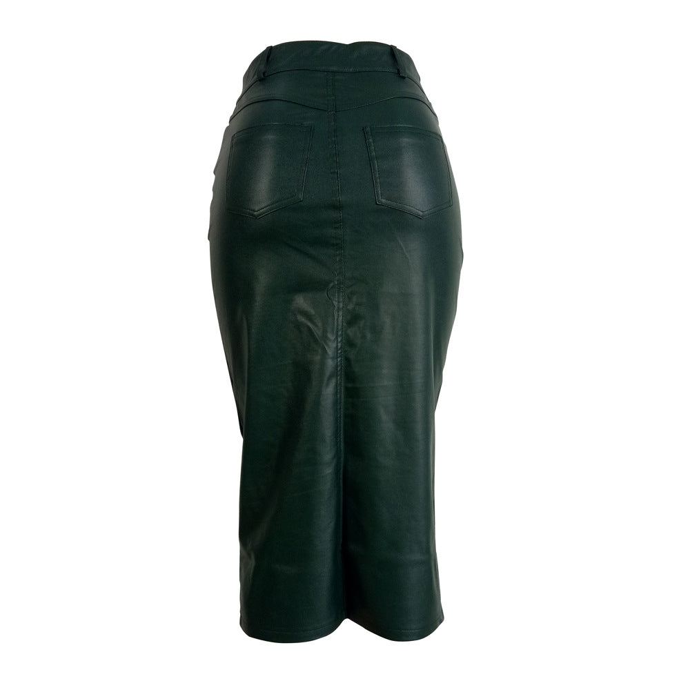 Trim Front Slit Leather Skirt