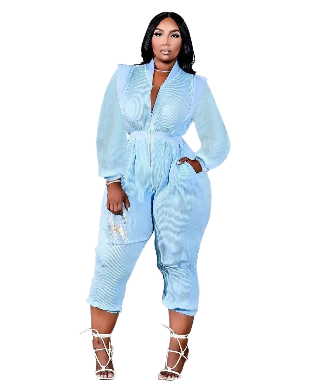 Pleated Versatile V-Neck Long Sleeve Jumpsuit