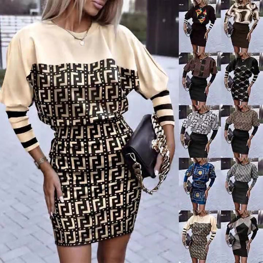 Round Neck Long Sleeve High Waist Multi Color Print Dress