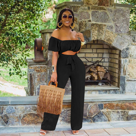 Solid Color Open-back One-shoulder One-piece Casual Wide-Leg Pants