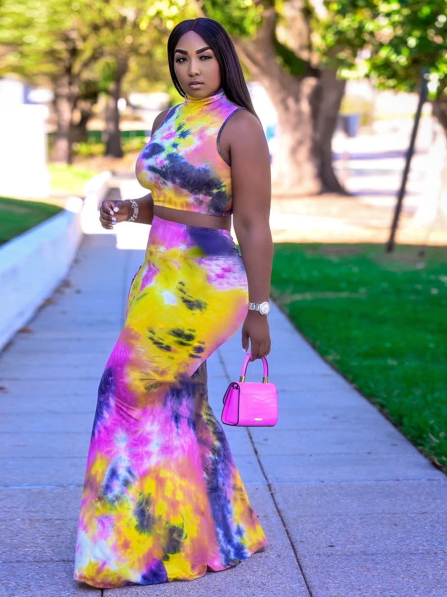 Tie Dye Multi Color Printed Top Skirt Two Piece Set