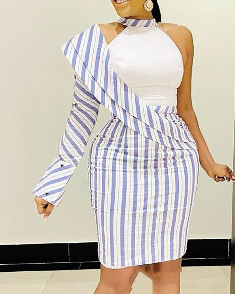 Blue Striped Asymmetric Turn-over Shoulder Long-Sleeved Tight Skirt