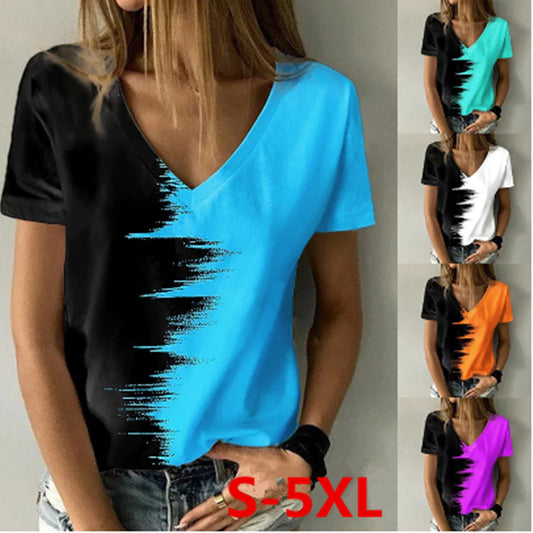 Digital Print V-Neck Short Sleeve T-Shirt