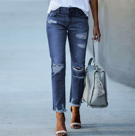 Ripped Solid Color Denim Jeans