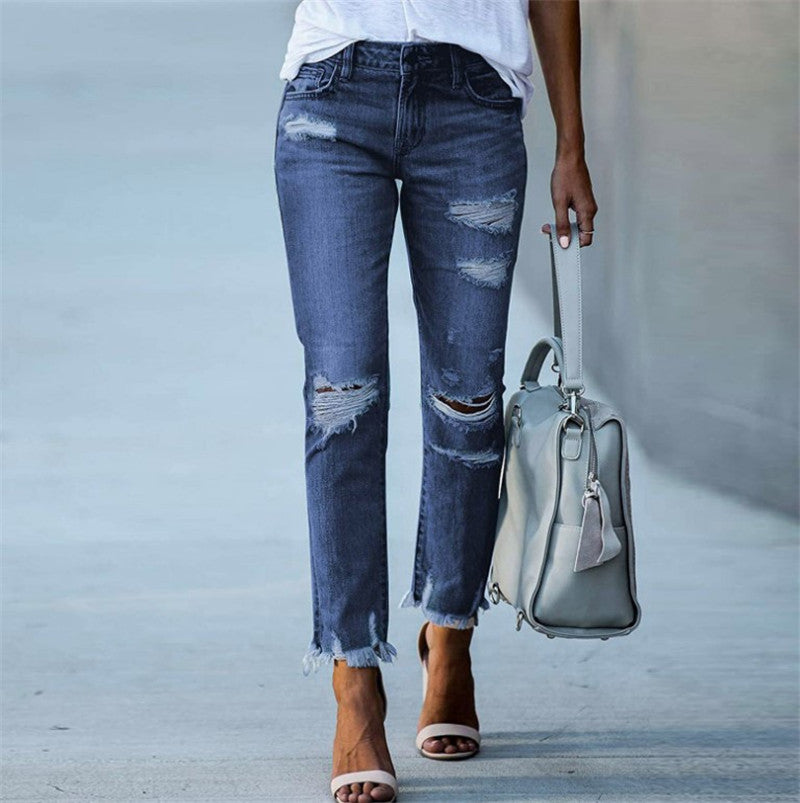 Ripped Solid Color Denim Jeans