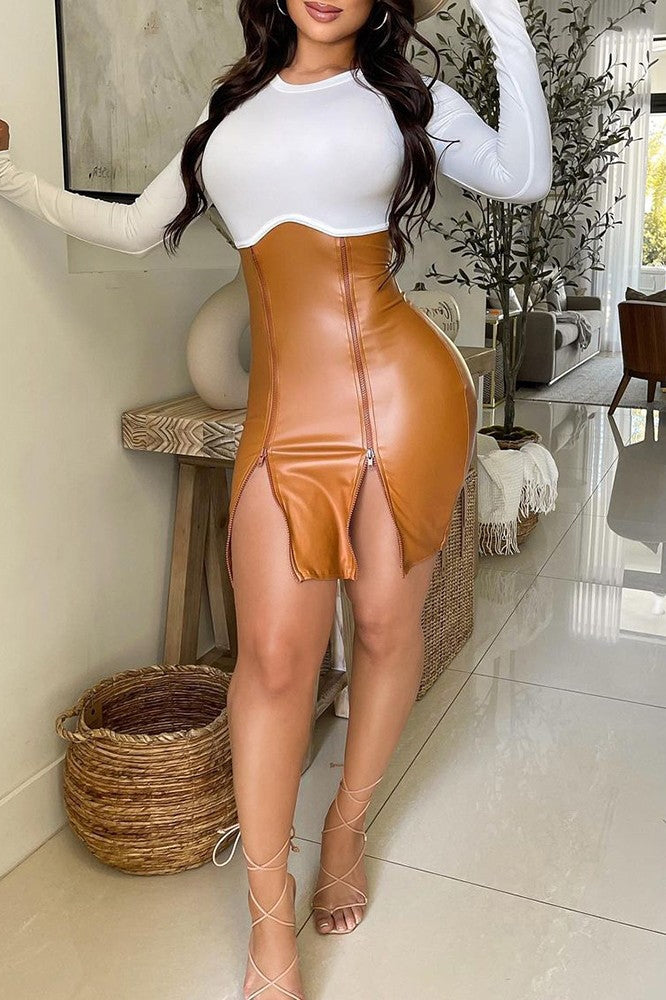 Solid Color Patchwork Zipper Tight Dress