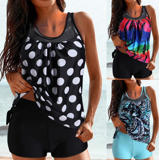Ladies Mesh Panel Tank Top With Shorts Two Piece Swimsuit