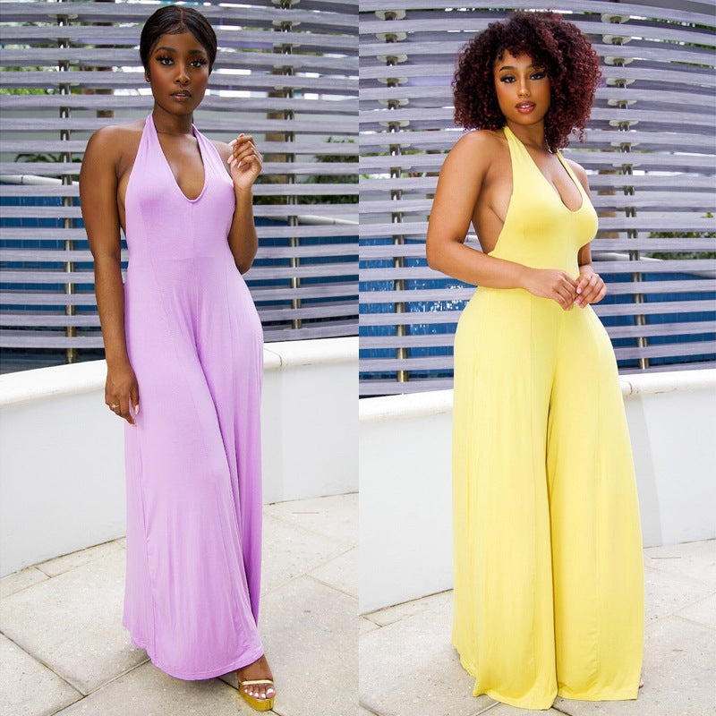 Sleeveless Solid Color Wide Leg Jumpsuit