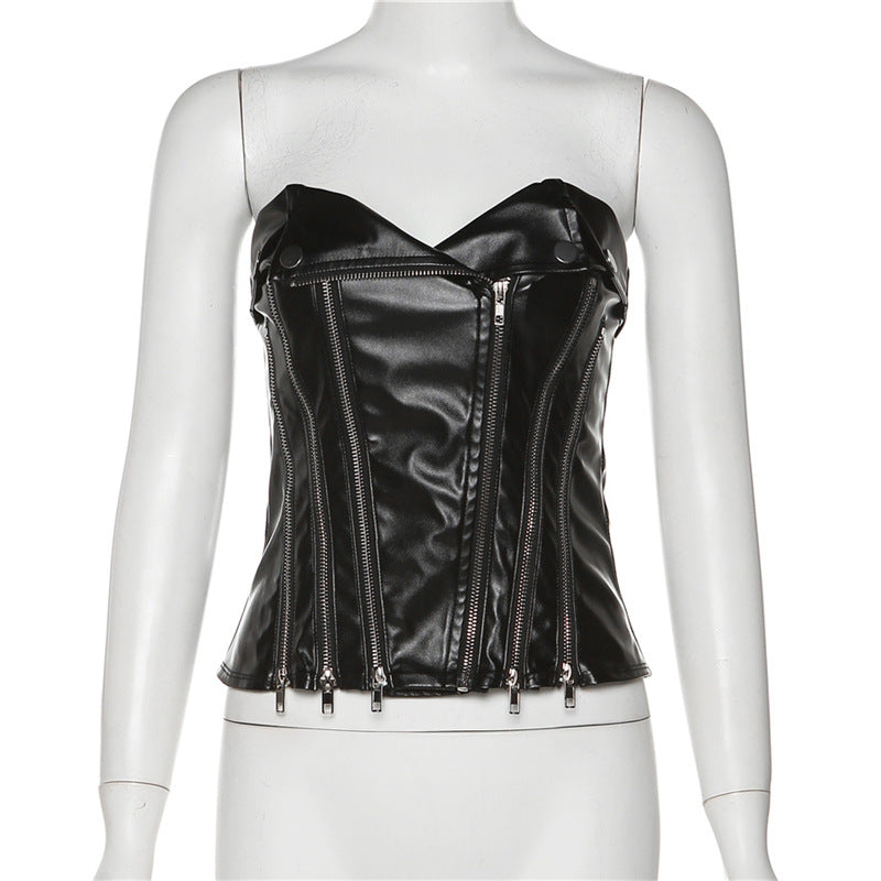 One-shoulder Slim Revealing PU Leather Top