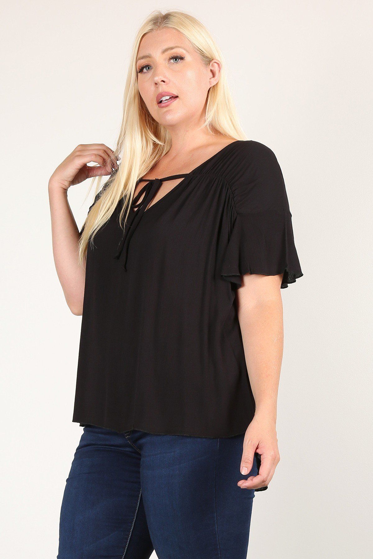 Plus Size Solid Top With A Necktie, Pleated Detail, And Flutter Sleeves