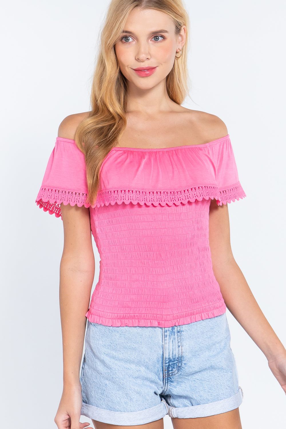 Off Shoulder W/lace Smocked Top