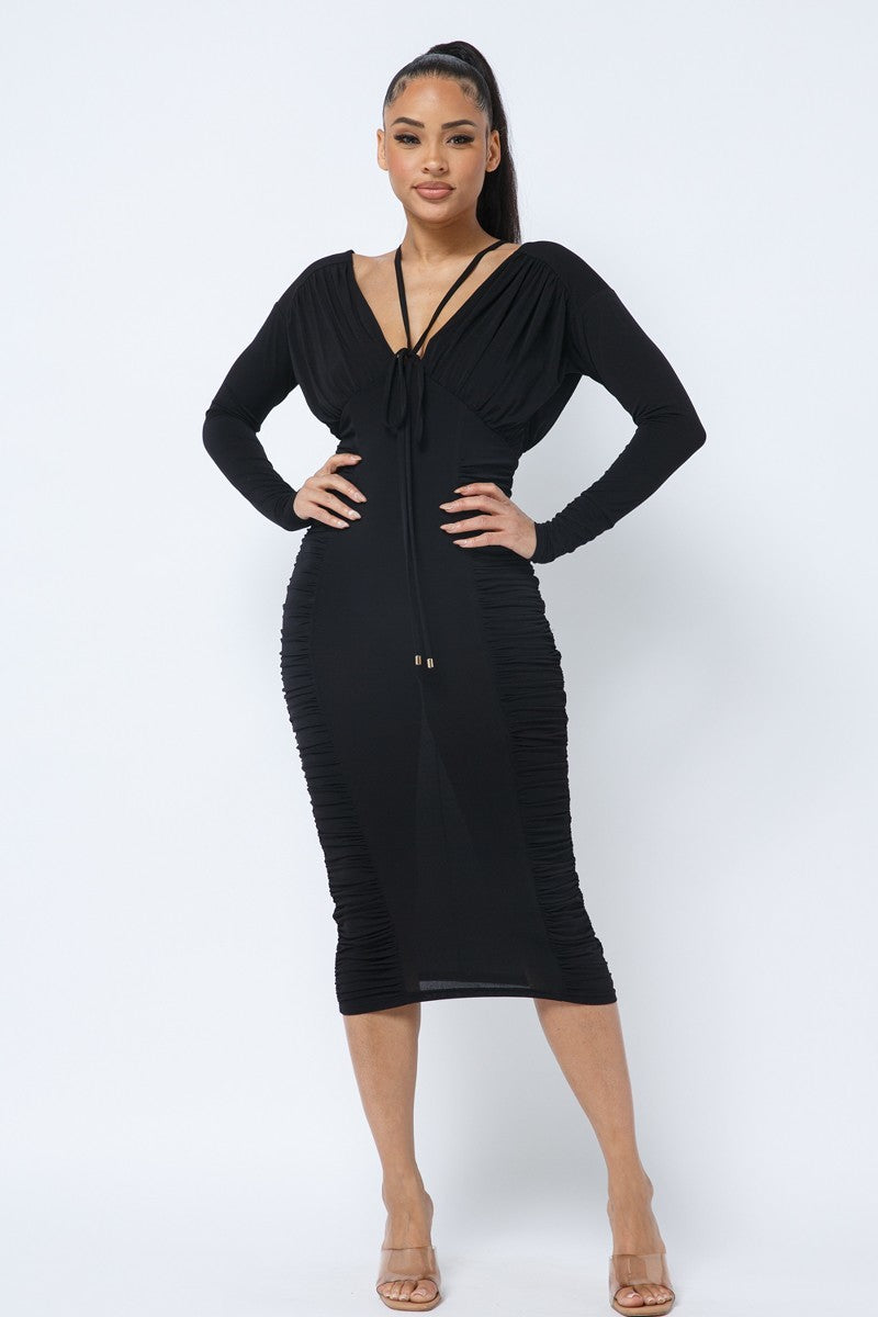 Long Sleeve Midi Dress With Low V Neck Front And Back With Ruching On Sides And Chest