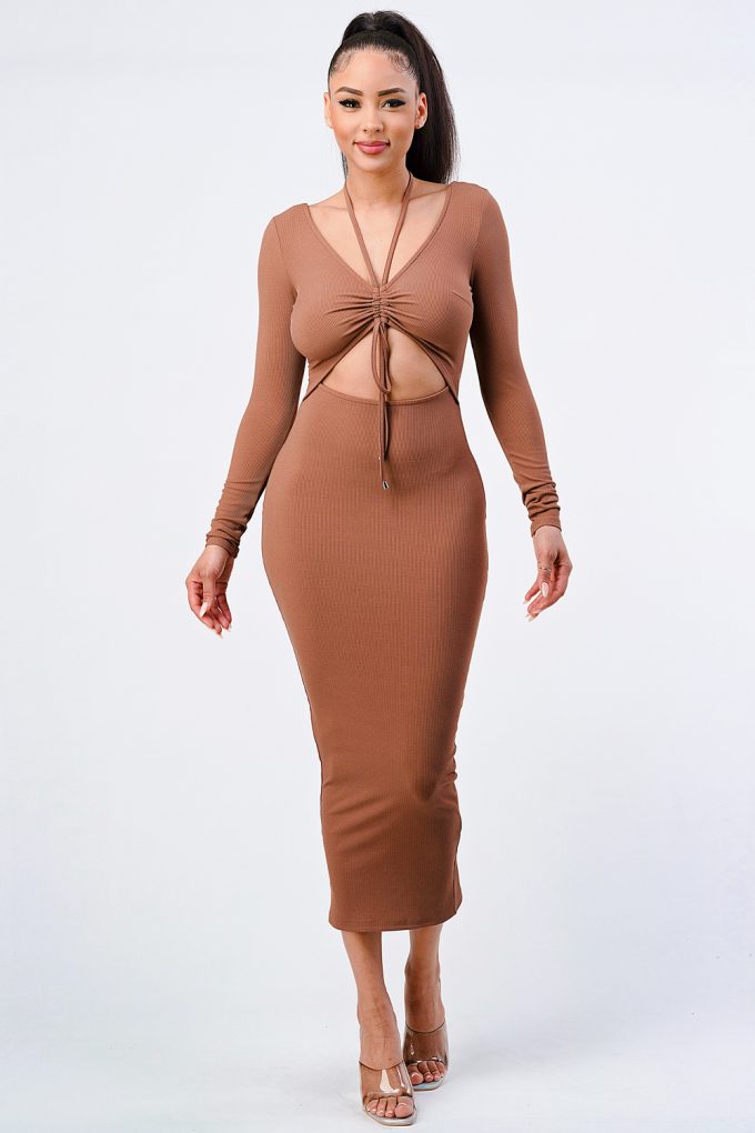 Trendy Front Shirring Cut-out Long Sleeved Dress