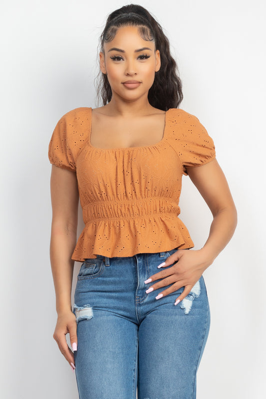 Puff Sleeve Eyelet Peplum Top